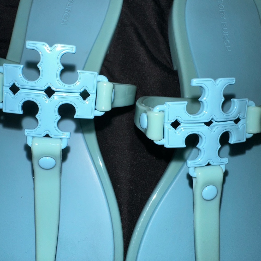 Tory Burch Silver-Trim White Leather Logo Thong Sandals